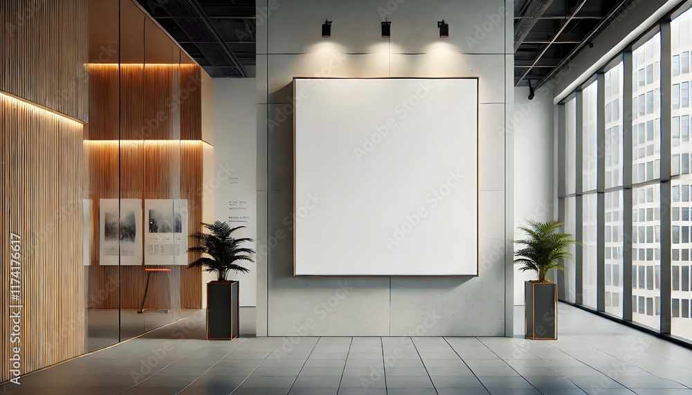 A minimalist interior design features a large blank canvas against a concrete wall, flanked by wood paneling and floor-to-ceiling windows. A minimalist interior design features a large blank canvas against a concrete wall, flanked by wood paneling and floor-to-ceiling windows.