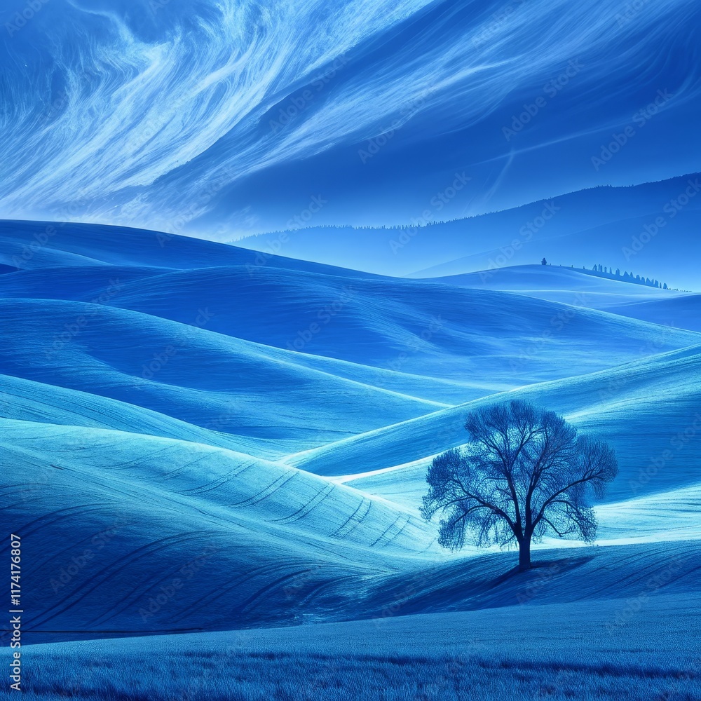 Fototapeta premium Serene Blue Hillscape Lone Tree, Rolling Fields, Dramatic Sky, Landscape Photography, Nature, Scenery Landscape Photography, Nature Scenery