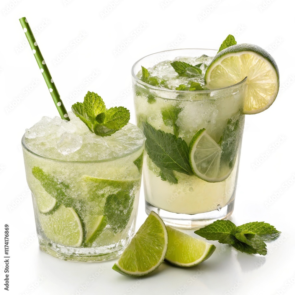 Fototapeta premium Refreshing Mojito Cocktail Two Glasses, Lime, Mint, Ice, Close-up, White Background, Green Straw Mojito