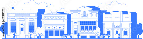 Downtown business outline illustration. City life one color blue line art. Town center street landscape. People, cars and buildings. Urban lifestyle scene. Cityscape panorama. Editable stroke.