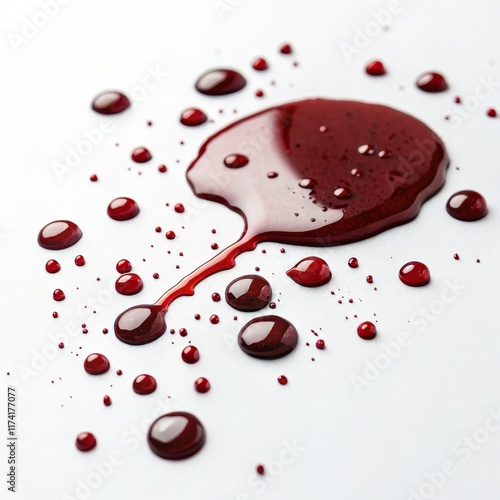 Red Liquid Spilled Abstract Composition of Drops and Puddle on White Background, Blood Splatter, Abstract Art Blood, Texture photo