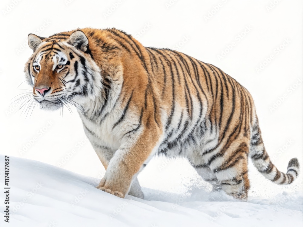 Obraz premium Majestic Siberian Tiger in Winter Snow Full Body Composition, White Background, Powerful Concept, Wildlife Photography Siberian tiger, winter wildlife photography