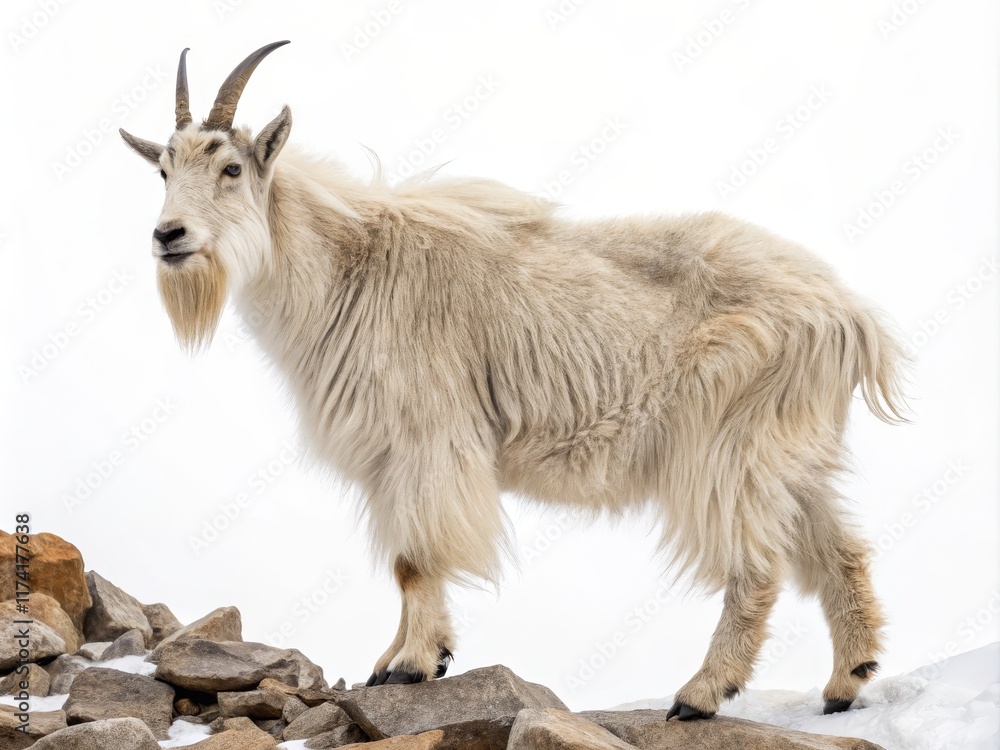 Obraz premium Majestic Mountain Goat on Rocky Peak Profile View, Wildlife Photography, Animal Portrait Mountain Goat, Wildlife Photography