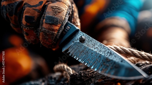 A detailed focus on a gloved hand wielding a rugged knife as it effortlessly cuts through a thick rope, emphasizing the themes of survival, adventure, and rugged determination. photo