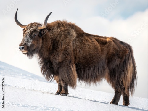 Majestic Yak in Snowy Landscape Profile View, Long Fur, Winter Scene, Tibetan Yak Tibetan cattle, Bos grunniens photo