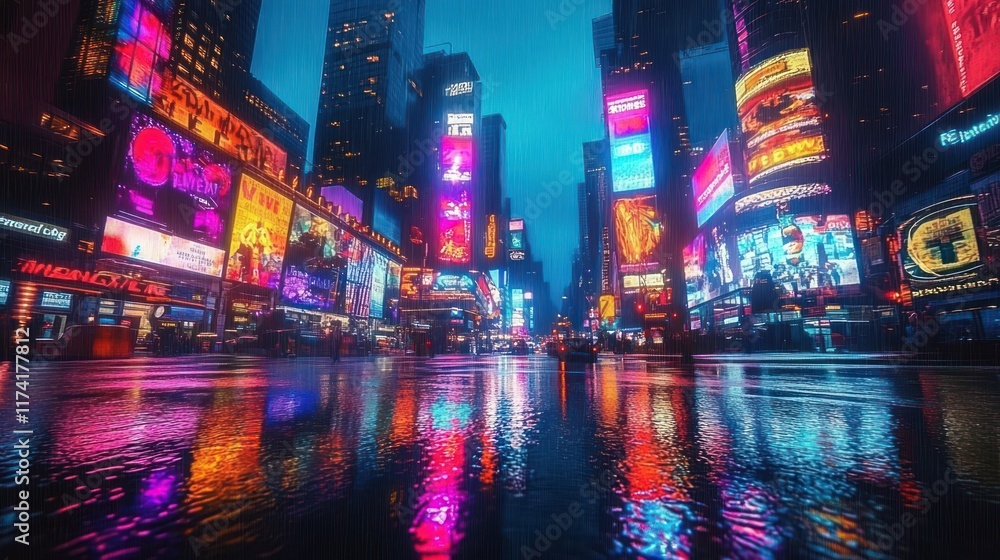 Vibrant Cyberpunk Rainy Night Cityscape of Times Square with Neon Lights Vibrant Cyberpunk Rainy Night Cityscape of Times Square with Neon Lights