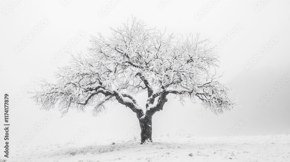 Snow Covered Tree Stands Alone In Winter Fog Snow Covered Tree Stands Alone In Winter Fog