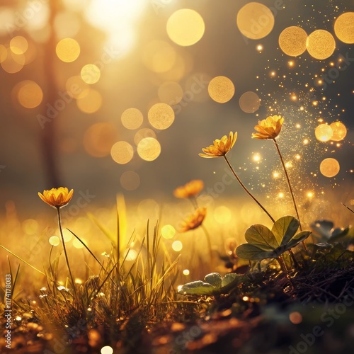 Golden Hour Meadow Bokeh, Yellow Flowers, Magical Dust, Nature Photography, Landscape Keywords Bokeh, Flowers
