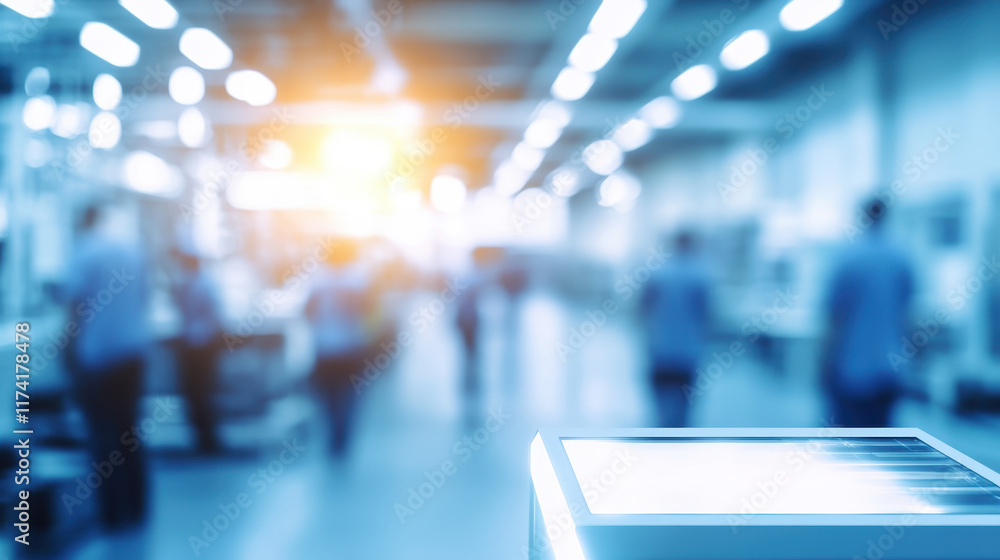 Fototapeta premium Blurred background of an electronic factory with workers and equipment in the foreground