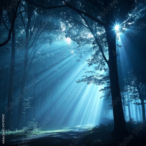 Enchanted Forest Crepuscular Rays Through Misty Trees, Landscape Photography, Mystical Atmosphere, Nature, fantasy Keywords Crepuscular Rays, Fantasy Art