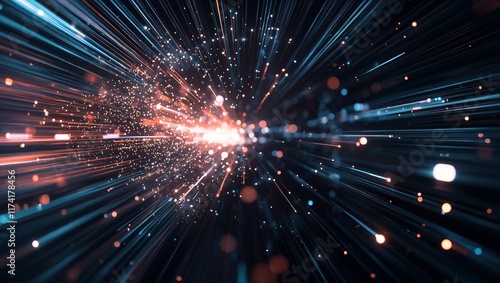 A dazzling visual of energetic particles and lines, creating a cosmic explosion of light and motion, evoking a sense of speed, depth, and the vastness of space in vivid detail.