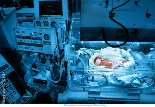 A premature baby is seen among medical machinery and devices in a hospital neo-natal unit. This is photo that has been upscaled using AI technology.