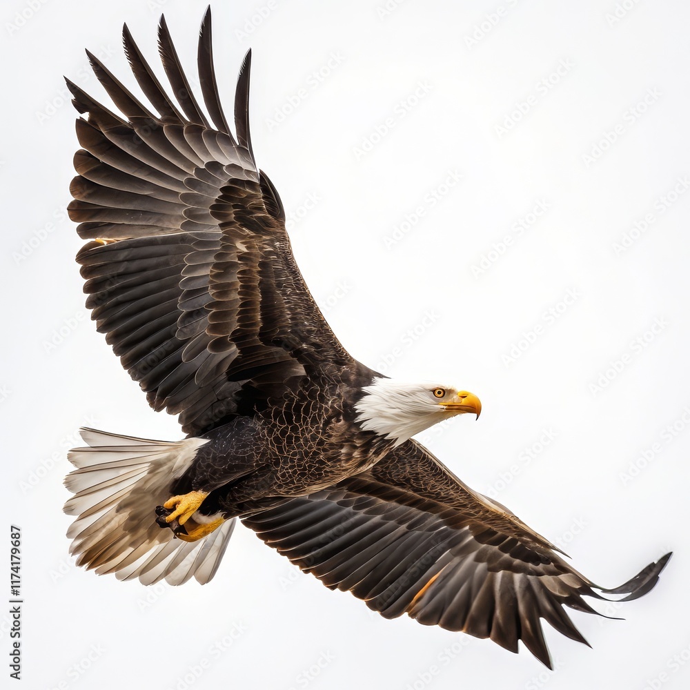 Fototapeta premium Bald Eagle in Flight Detailed Composition, White Background, Majestic Bird, Wildlife Photography Bald Eagle, bird of prey, wildlife photography
