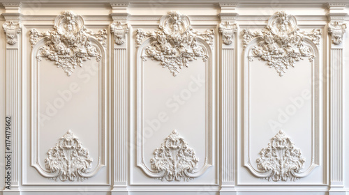 Fototapeta Naklejka Na Ścianę i Meble -  Elegant white wall paneling with ornate carvings.