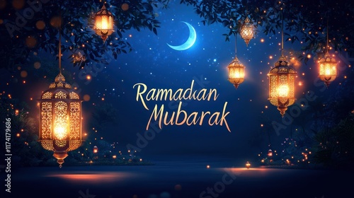 A mystical Ramadan scene with glowing lanterns hanging from trees under a crescent moon. Ideal for Ramadan greetings, social media posts, and website banners.