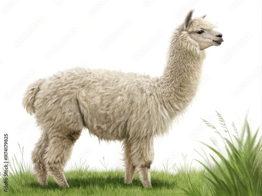 Alpaca in Grassland Digital Painting, Side Profile, Fluffy Texture, White Background Alpaca, Digital Art Alpaca in Grassland Digital Painting, Side Profile, Fluffy Texture, White Background Alpaca, Digital Art