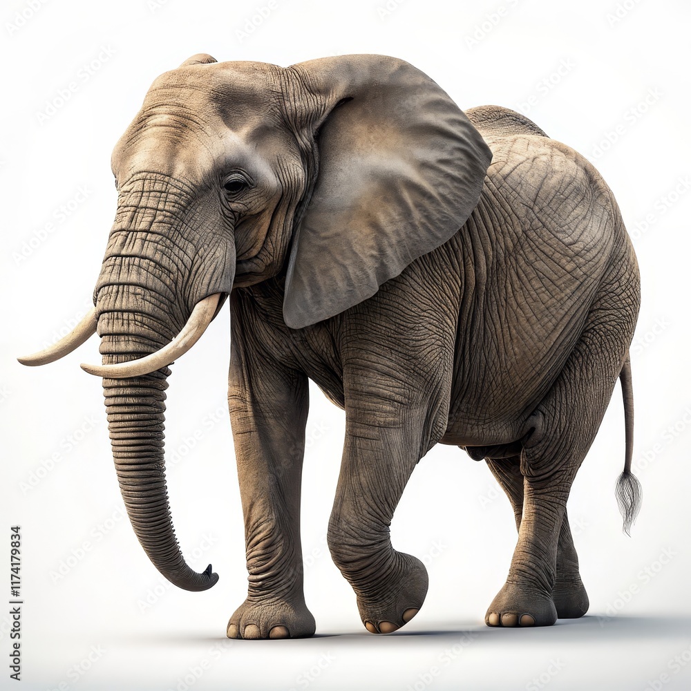 Fototapeta premium African Elephant 3D Render, Walking Pose, Detailed Texture, Wildlife, Animal Portrait. Elephant, 3D rendering