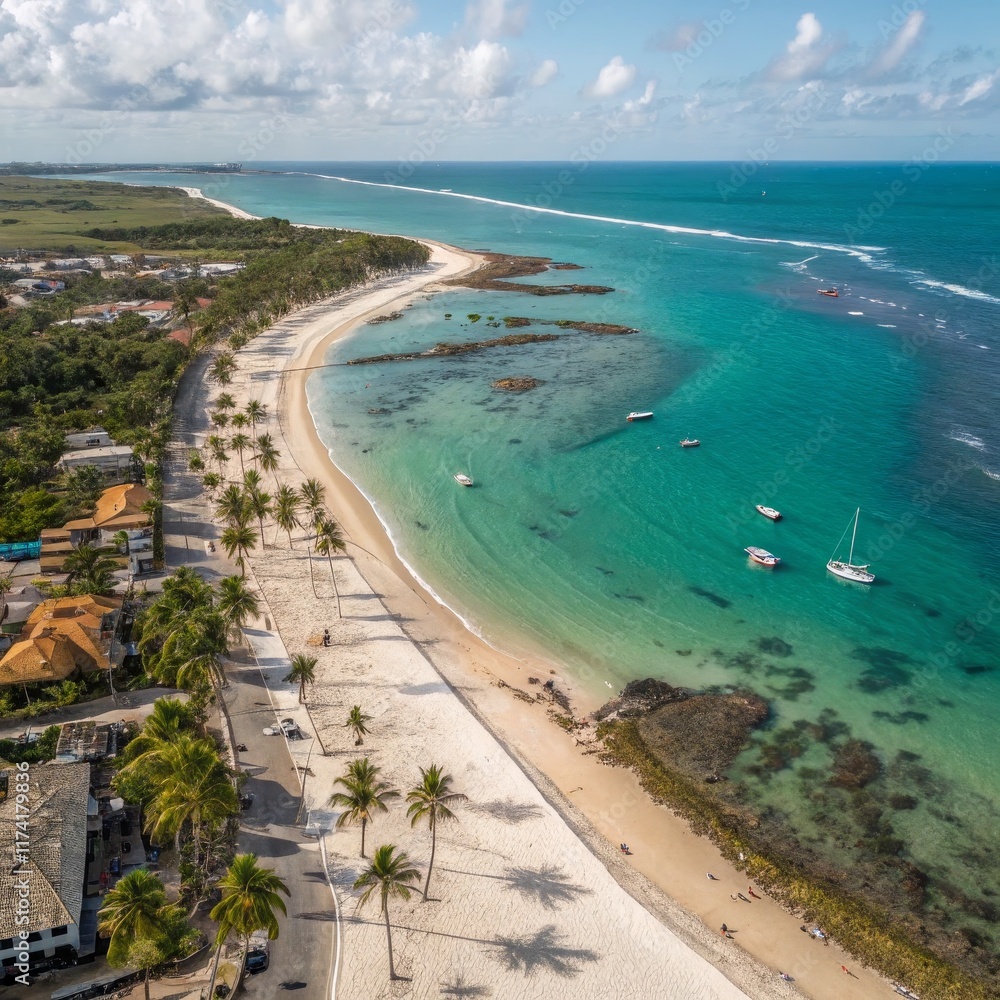 Aerial View of Tropical Beach with Boats, Overhead Shot, Coastal Scene, Palm Trees, Turquoise Water, Brazil, Beach Vacation Beach Photography Aerial View of Tropical Beach with Boats, Overhead Shot, Coastal Scene, Palm Trees, Turquoise Water, Brazil, Beach Vacation Beach Photography