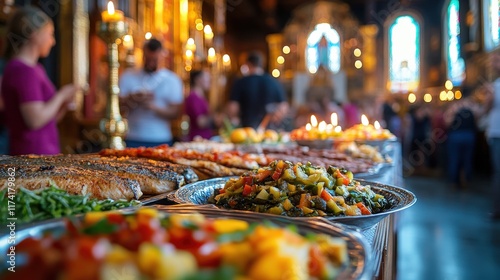 An exquisite display of diverse dishes set in a beautifully lit dining hall, inviting guests to indulge in a rich culinary experience amidst elegant surroundings. photo