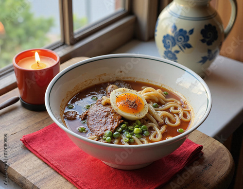 pork and egg ramen bowl close up