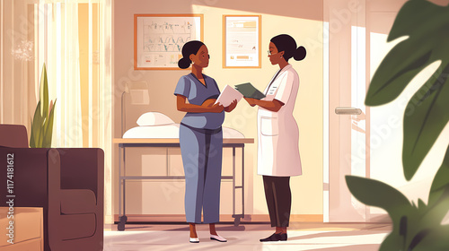 Healthcare professionals interact with expectant mothers during prenatal visits. Mistweave. Illustration photo