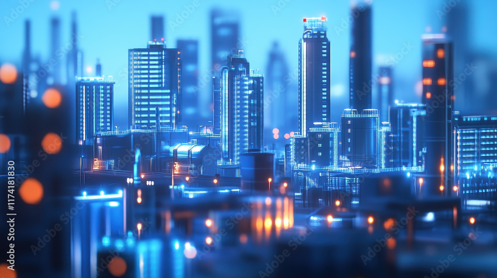 3D rendering of an industrial city with modern buildings and factories illuminated by blue lights 3D rendering of an industrial city with modern buildings and factories illuminated by blue lights
