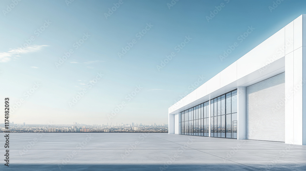 A modern white warehouse exterior, with large windows on the right side of the frame, a clean concrete floor