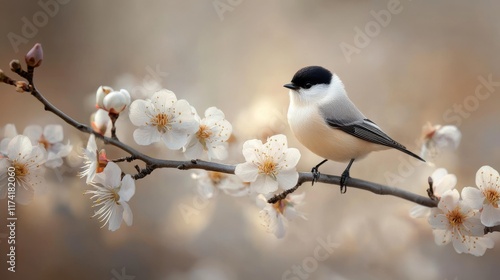 A bird perched gracefully on a branch of blooming plum blossoms, captured in close-up photography with soft light and gentle shadows enhancing its natural elegance. photo