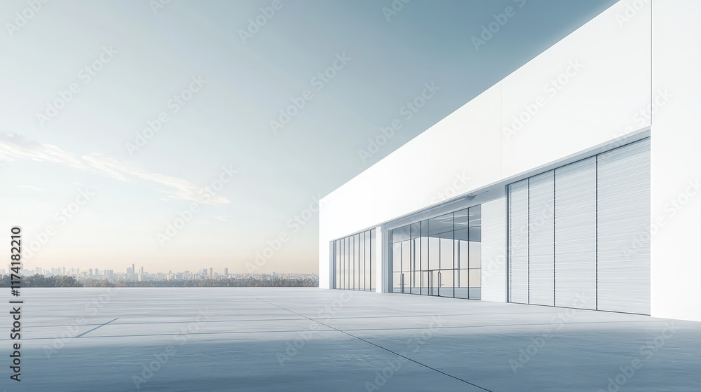 A modern white warehouse exterior, with large windows on the right side of the frame, a clean concrete floor A modern white warehouse exterior, with large windows on the right side of the frame, a clean concrete floor