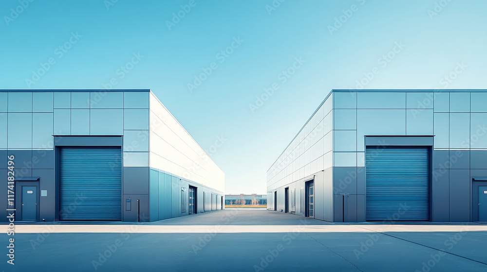 A photograph of two modern warehouse buildings with double doors, against a blue sky background A photograph of two modern warehouse buildings with double doors, against a blue sky background