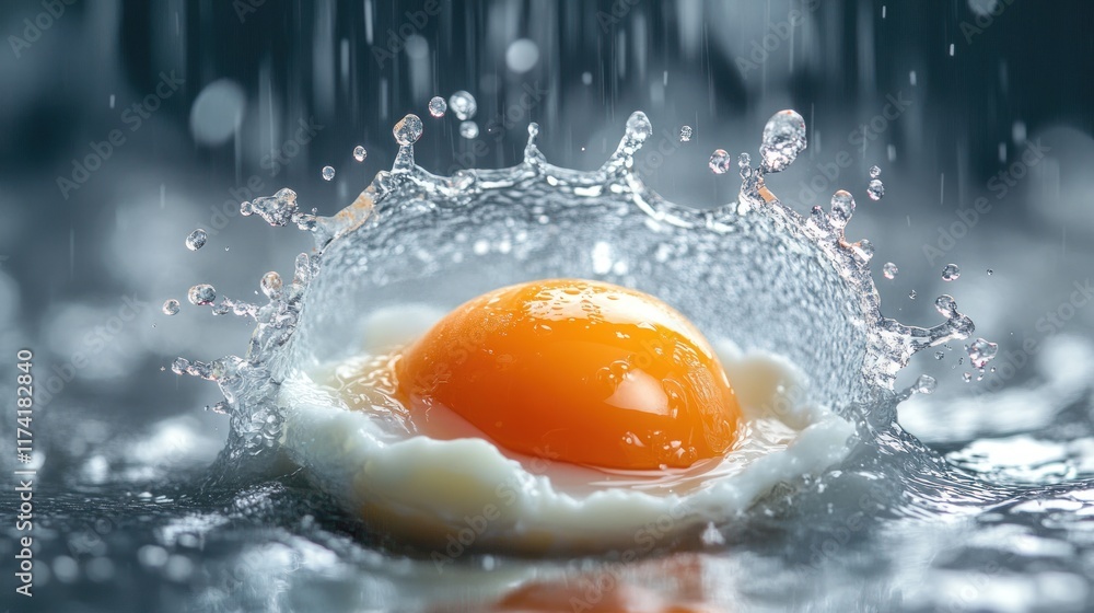 A close-up of an egg yolk splashing in water, creating a dynamic and vivid visual effect. A close-up of an egg yolk splashing in water, creating a dynamic and vivid visual effect.