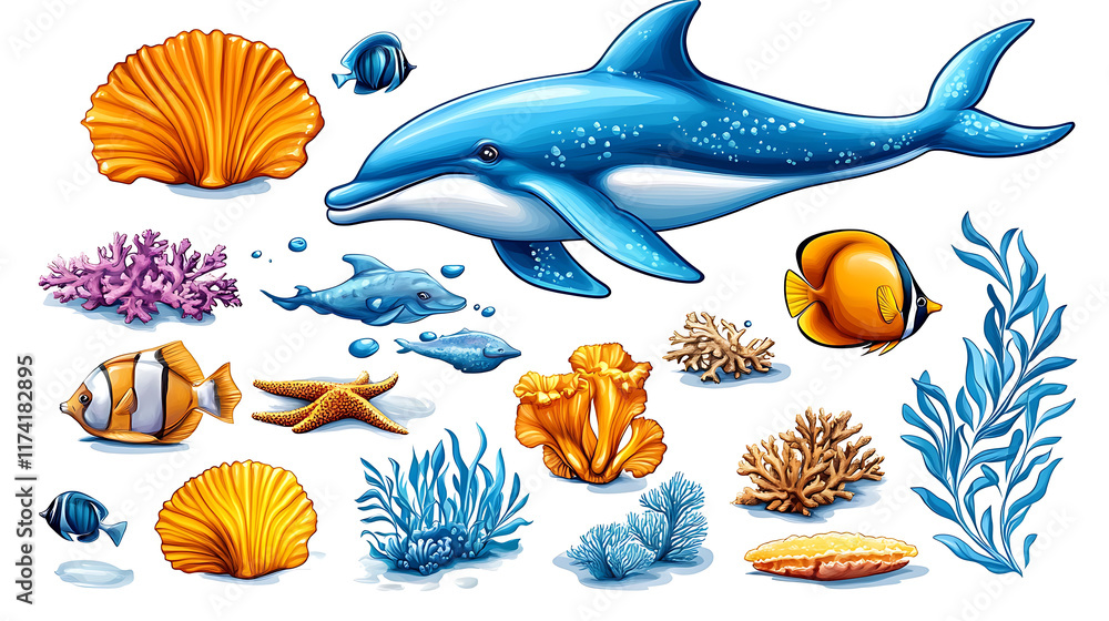 Naklejka premium Colorful ocean life illustration featuring dolphin, coral, fish, starfish, and seashells on white background.