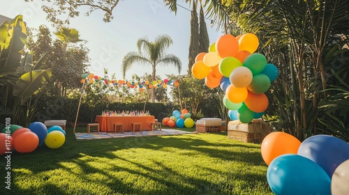 A bright green lawn birthday setup with colorful balloons under the sun