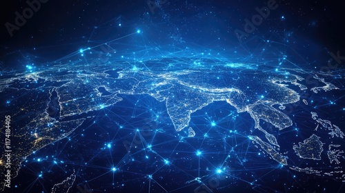 Digital map of Asia, concept of global network and connectivity, data transfer and cyber technology, business exchange, information and telecommunication