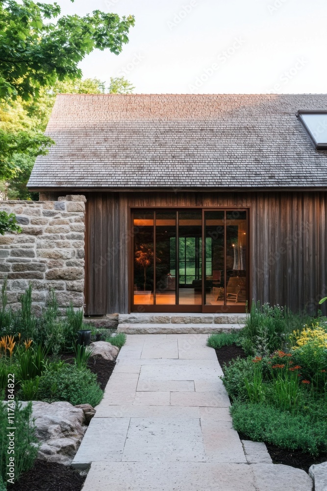 Modern rustic house entrance with stone pathway surrounded by lush greenery in a tranquil garden setting during late afternoon light Modern rustic house entrance with stone pathway surrounded by lush greenery in a tranquil garden setting during late afternoon light
