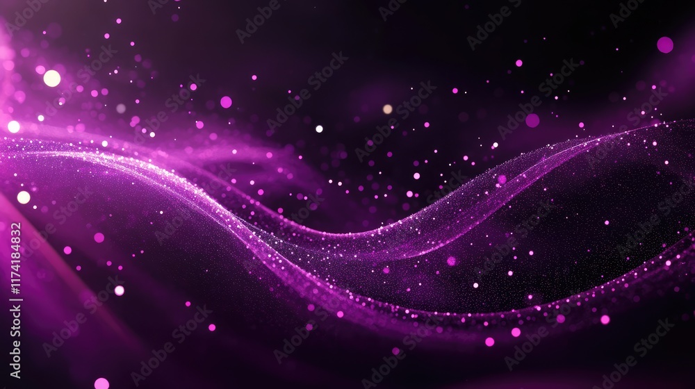 Fototapeta premium Digital purple particles wave and light abstract background with shining dots stars.