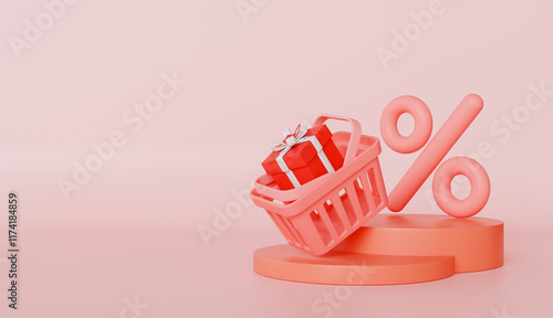 Shopping basket and giftbox with podium, gift boxes fly and percent interest fee photo