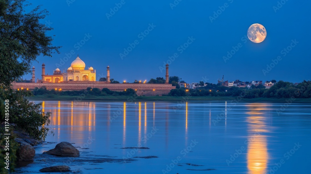 Obraz premium Serene Evening View of the Taj Mahal with a Full Moon Reflection on the Yamuna River, Illuminating the Iconic Mughal Architecture at Dusk