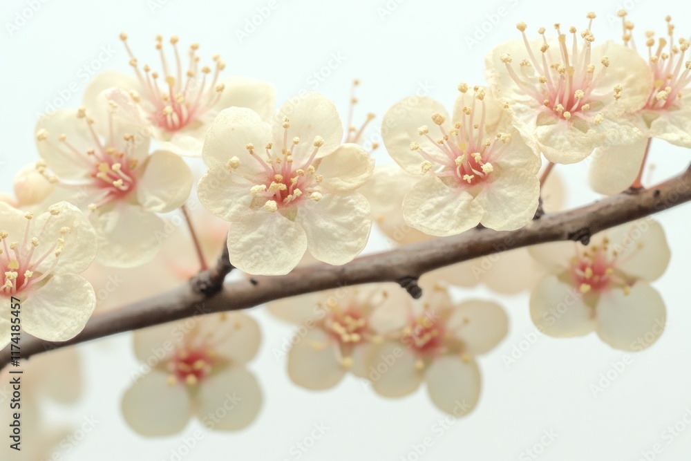 A close-up of delicate white blossoms on a branch, showcasing their intricate details and soft petals against a blurred white background. A close-up of delicate white blossoms on a branch, showcasing their intricate details and soft petals against a blurred white background.