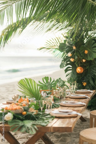 A serene tropical beach birthday setup with a decorated table and greenery