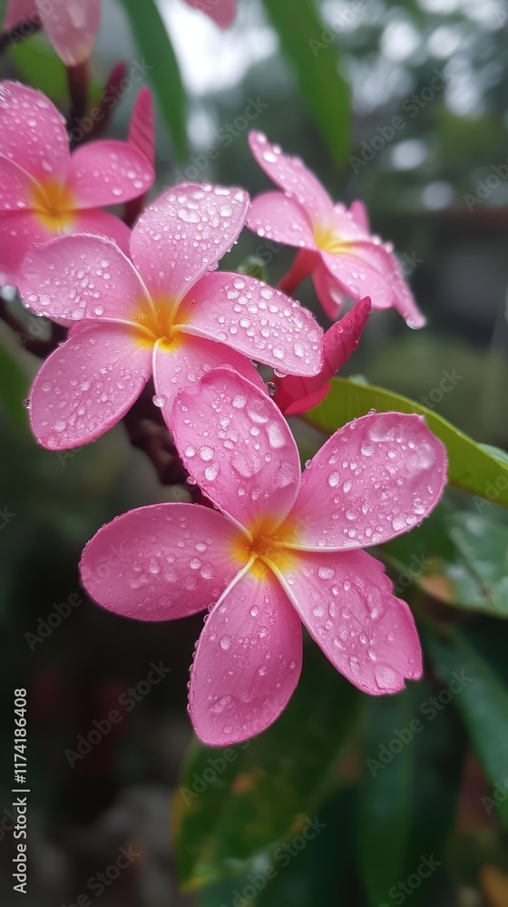 Close-Up of Pink Frangipani Flowers with Dewdrops in a Tropical Garden. A delicate view of pink frangipani blossoms adorned with dewdrops, highlighting nature's beauty in a serene tropical setting. Close-Up of Pink Frangipani Flowers with Dewdrops in a Tropical Garden. A delicate view of pink frangipani blossoms adorned with dewdrops, highlighting nature's beauty in a serene tropical setting.