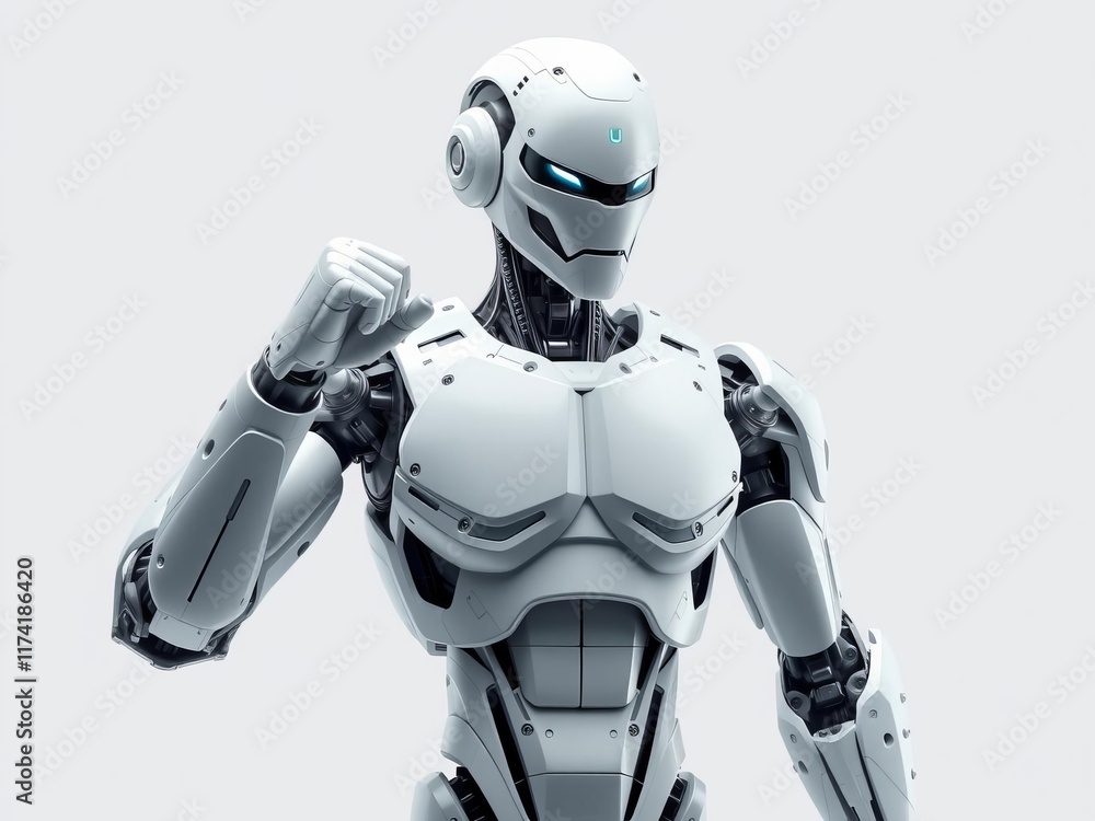 Fototapeta premium Robot android with a muscular build standing in a powerful pose, showcasing its strength and power, humanoid, cyborg