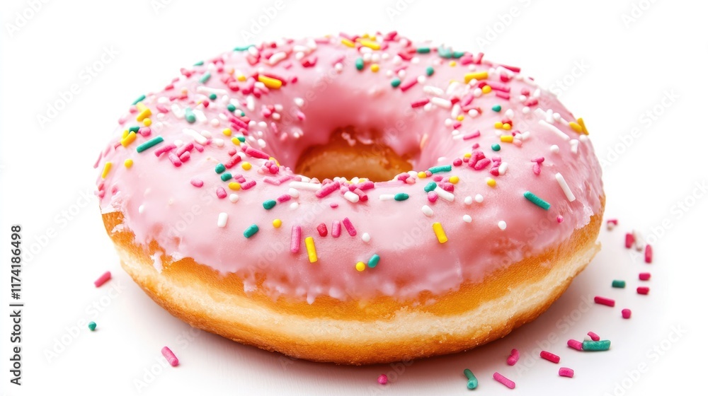 donut with pink icing and sprinkles on white background donut with pink icing and sprinkles on white background