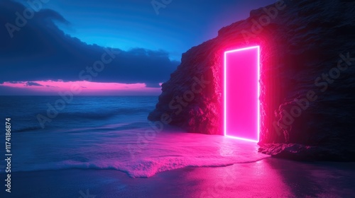 door to the future abstract neon pink blue empty room on night beach landscape