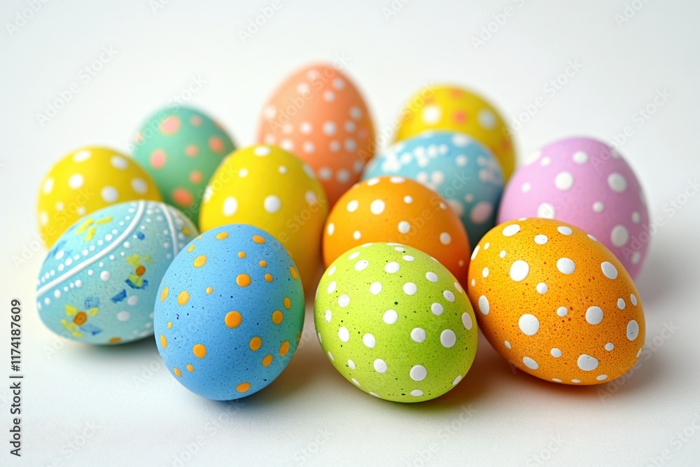 A group of colorful Easter eggs with various patterns on a white background. A group of colorful Easter eggs with various patterns on a white background.