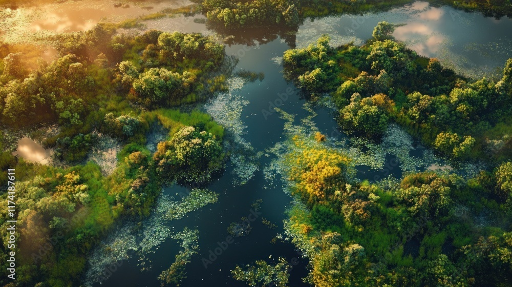 Aerial View of Lush Wetlands with Green and Brown Vegetation at Golden Hour Aerial View of Lush Wetlands with Green and Brown Vegetation at Golden Hour