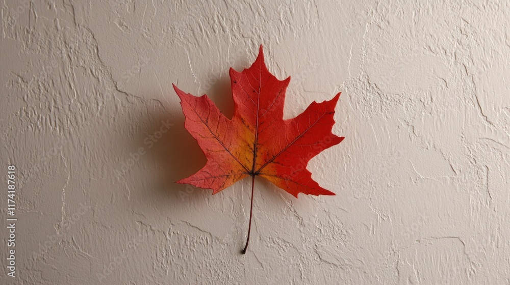 Single Red Maple Leaf on Textured Beige Background Single Red Maple Leaf on Textured Beige Background
