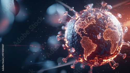 A striking visual representation of our interconnected world, symbolizing the global pandemic era with vivid detail and the impact of COVID-19 on human life and society.