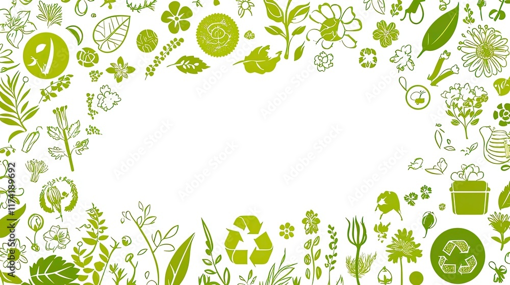 A decorative border featuring various green plants and nature symbols promoting environmental themes. A decorative border featuring various green plants and nature symbols promoting environmental themes.