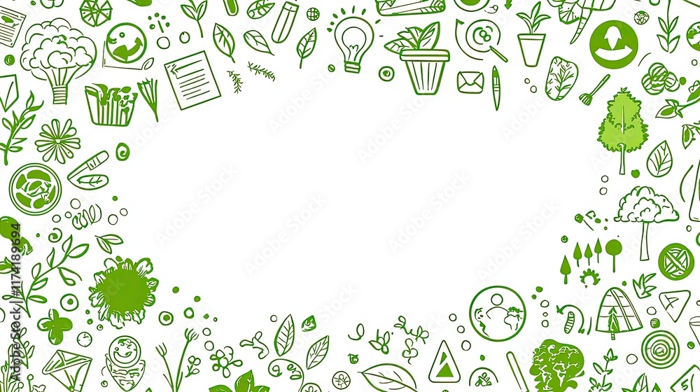 Green-themed illustration with various eco-friendly and nature-related doodles. Green-themed illustration with various eco-friendly and nature-related doodles.